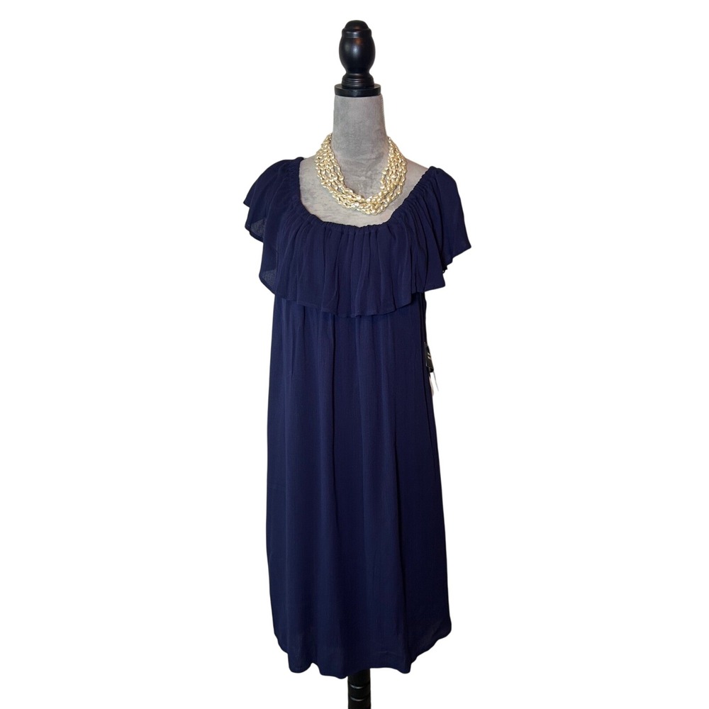 NWT Sandra Darren Navy Dress Ruffle Neckline Midi Dress Womens Size 16‎